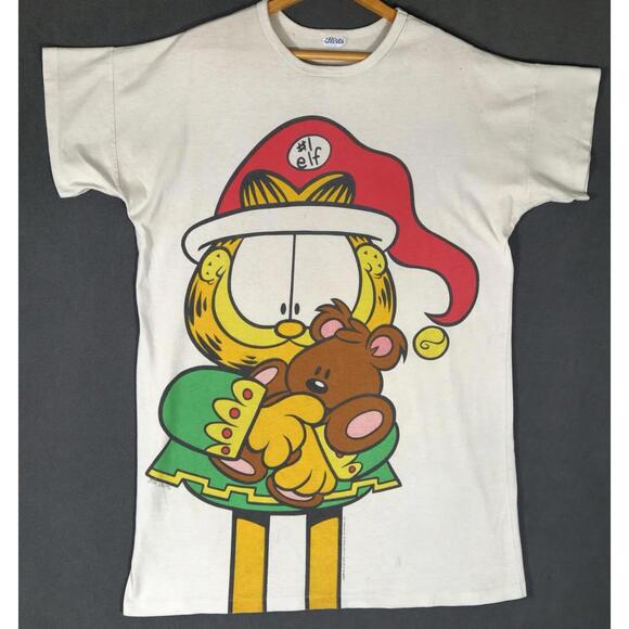 Vintage 1980 Garfield Christmas Elf Santa Teddy Bear T-Shirt Flirts Tag MEDIUM#2